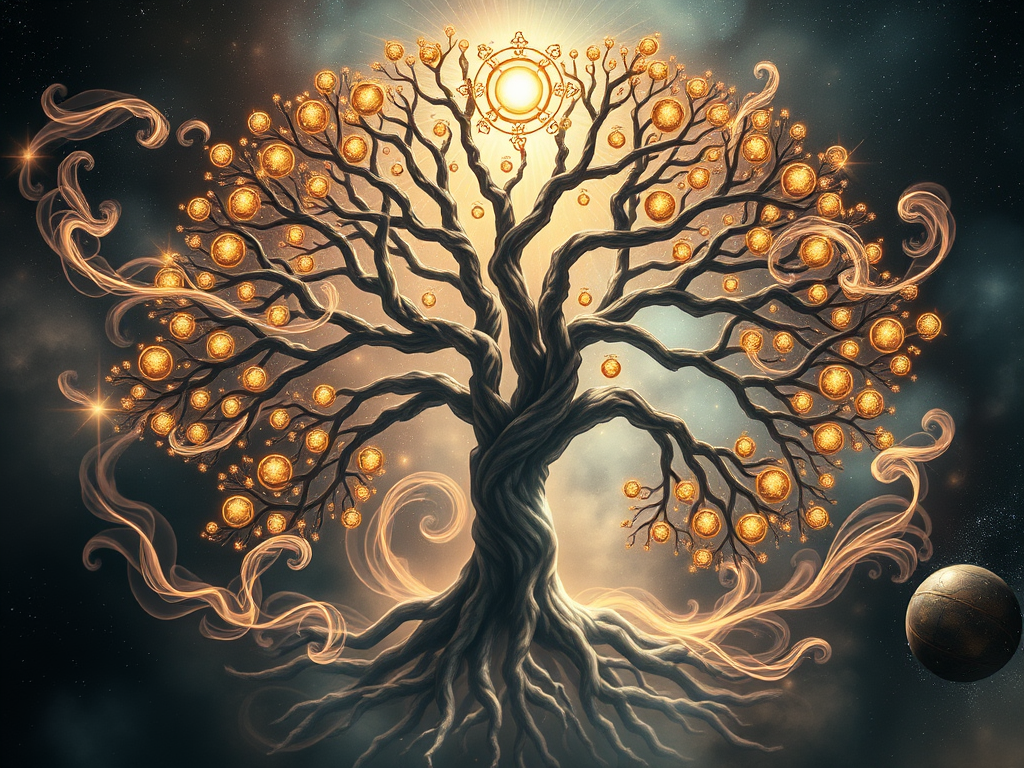 An astral tree crowned by a radiant sun and surrounded by celestial birds and fiery spirals, with glowing orange stars blooming from its branches, symbolizing emotional renewal and the breath of cosmic rebirth.