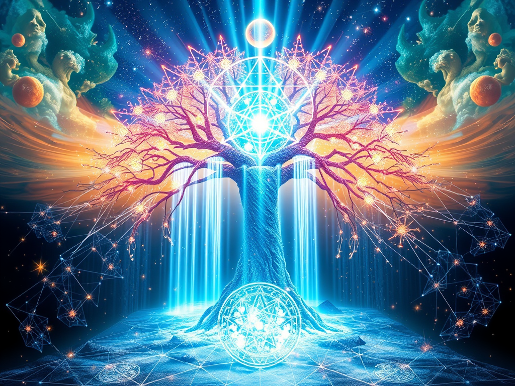 A radiant cosmic Tree of Life with glowing fractal branches, sacred geometry spheres, and flowing waterfalls of light under a galactic sky with spirit figures and planets.