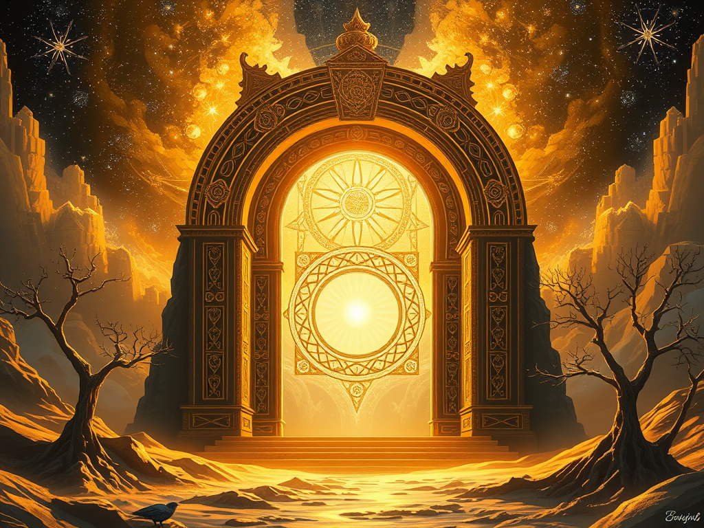 An ornate golden archway glowing with solar radiance stands between jagged mountains beneath a cosmic sky, symbolizing the Gate of Life and its sacred threshold.