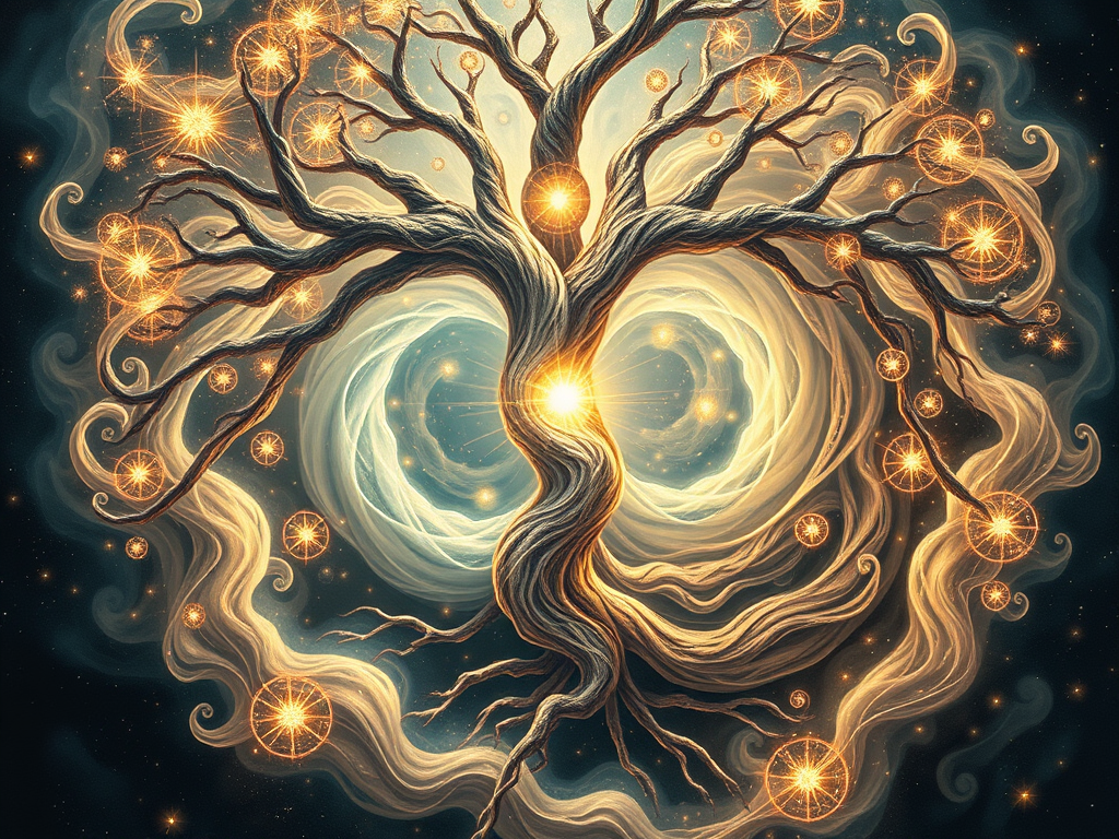 Fractal Tree of Life entwined with mirrored masculine and feminine energy flows, rising as a unified axis crowned by radiant sacred geometry. The design symbolizes the Dual Androgen Being principle—divine polarity in harmony, conscious evolution, and the sacred fusion of thought and embodiment within the cosmic lattice.