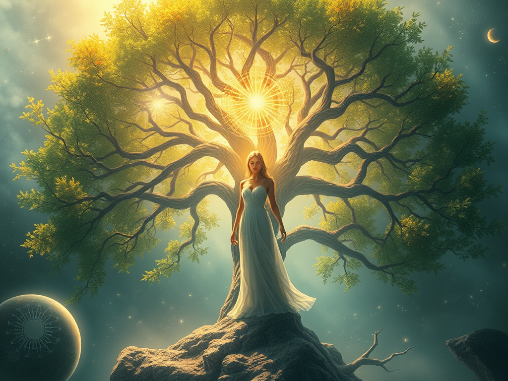 A graceful feminine figure stands within a crystalline sanctuary shaped by the Tree of Life, surrounded by patterns of sacred geometry and soft earth-toned light. Symbols of refinement, devotion, and divine service emanate from her presence, with delicate golden threads connecting her to the cosmos and to the planet. Her hands perform a subtle gesture of offering and alignment, reflecting the quiet precision and radiant humility of the Universal Daughter Principle.