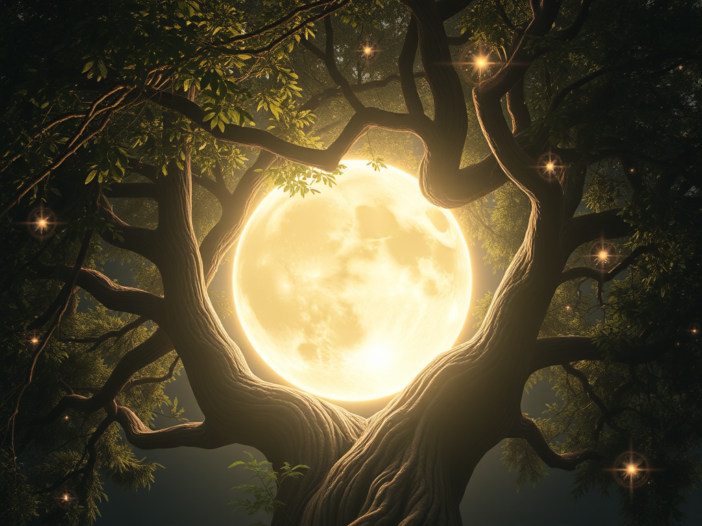 A highly detailed image of the Universal Mother Principle depicted as a luminous lunar sanctum nestled within the flowing branches of an ethereal Tree of Life. Soft moonlight filters through intricately textured leaves, casting a nurturing glow over a womb-like sanctuary. Subtle pulses of cosmic energy ripple through the atmosphere, interwoven with streams of emotional memory. The composition exudes sacredness, emotional intelligence, and gentle containment—embodying trust, healing, and deep feminine integration.