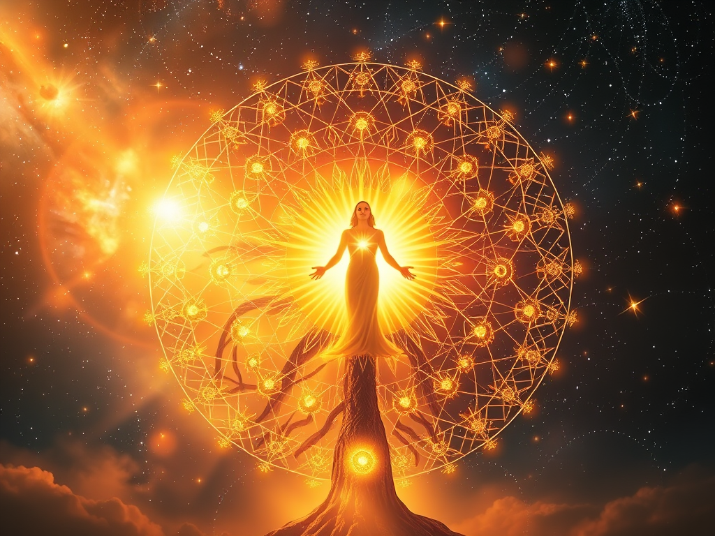 A regal, solar-infused figure emanates from the heart of an ancient Tree of Life, surrounded by golden light and geometric rays. The scene radiates strength, protection, and sovereign presence, with cosmic flames forming a crown-like aura above the figure’s head. The atmosphere is bold yet benevolent—expressing the Universal Father Principle as the stabilizing force of inspired leadership, creative authority, and sacred affirmation of life’s divine order.